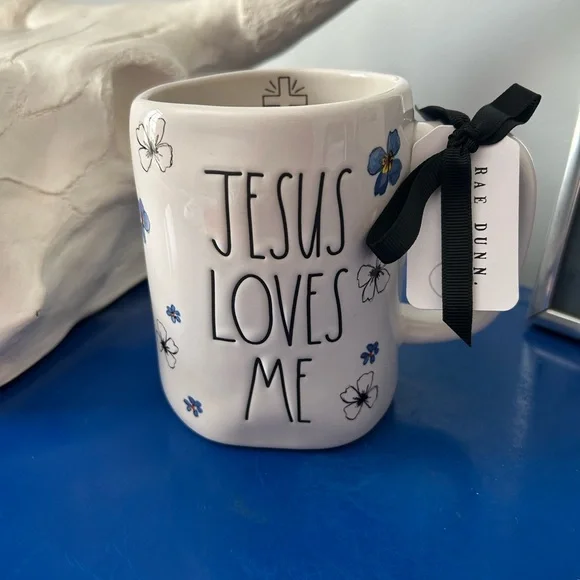 Rae Dunn Blue Flower Pattern Floral Jesus Loves Me Mug - Picture 3 of 7